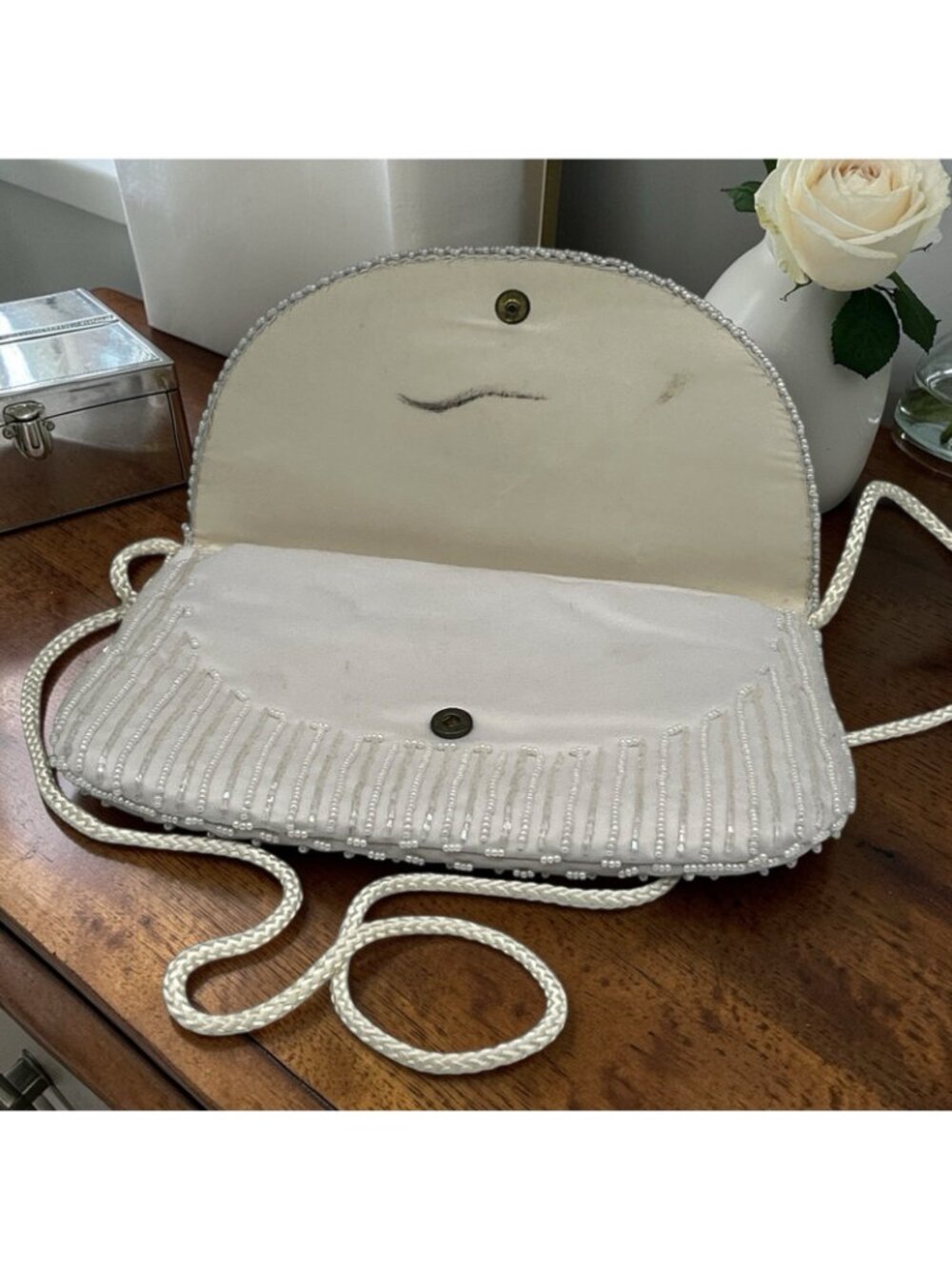 Vintage 90s White Beaded Clutch Floral Evening Bridal Purse - Picture 5 of 5